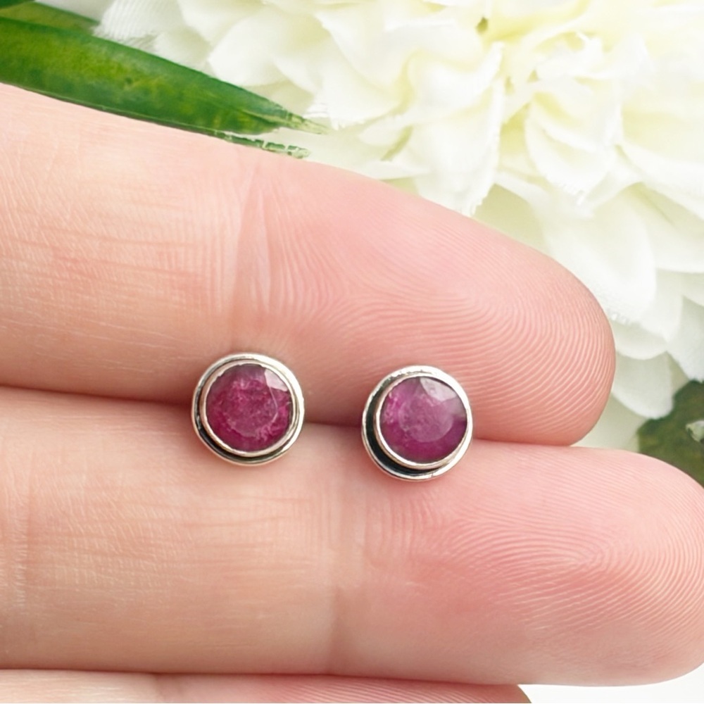 Ruby Earrings Pure Sterling Silver 925 Stud Post Southwest Boho Vintage Style - Picture 3 of 9